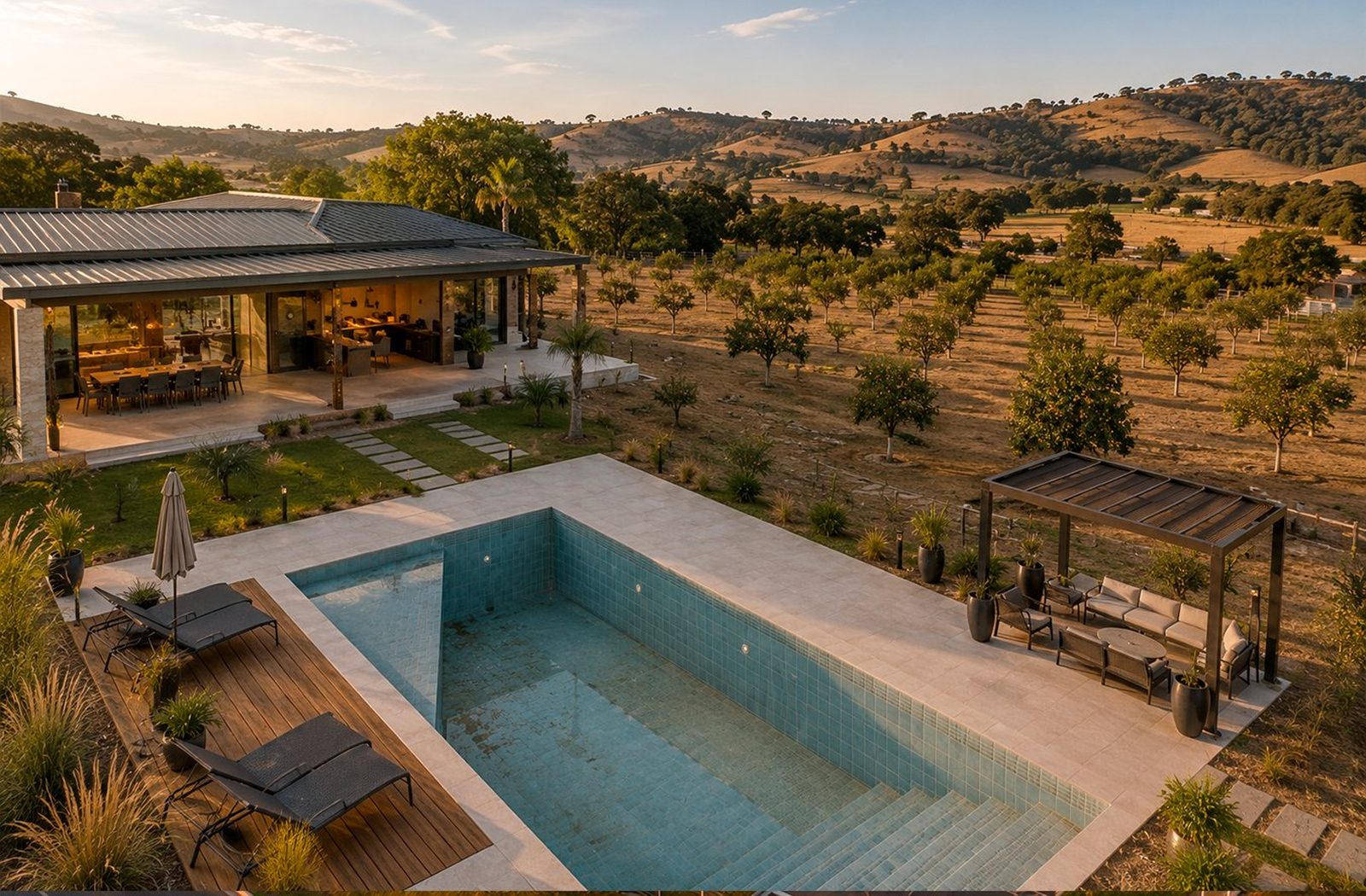 Chácara com piscina, gramado e pomar ao pôr do sol — paisagem rural cuidada