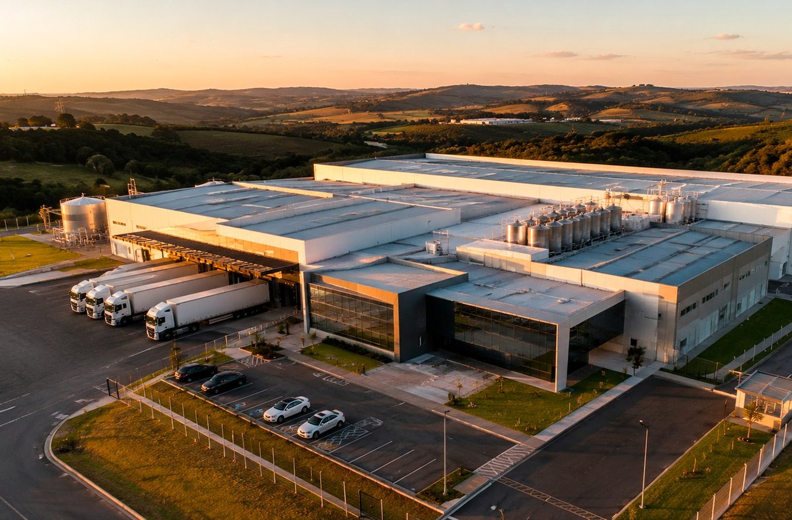 Planta industrial moderna com caminhões em pátio de carga, vista aérea